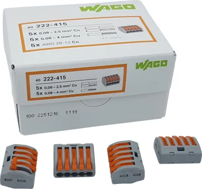 Produktbild von 100 Stück Wago 222-415 Verbindungsklemme 5 Leiter mit Betätigungshebel 0,08-4 mm², grau