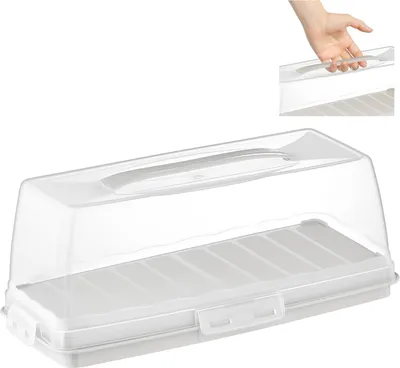 Produktbild von uandu Kuchen Transportbox, Tortentransportbox mit Haube und Griff. Box mit Deckel, Kuchenplatte, Aufbewahrungsbox, Kuchenbehälter, Tortenbehälter, Servierplatte - Rechteckig/Weiß