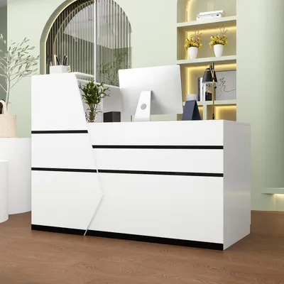 Produktbild von Empfangstheke mit 1 Abschließbarer Schubladen und Tastaturauszug, L-förmige Rezeptionstheke, Weiß, MDF, 140 x 100 x 110 cm