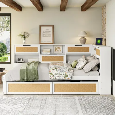 Image de MODFU Lit Banquette 140x200 cm, Lit Enfant avec Rangement Pratique, Port USB et Tiroirs, Bois Massif, Blanc, Sans Matelas