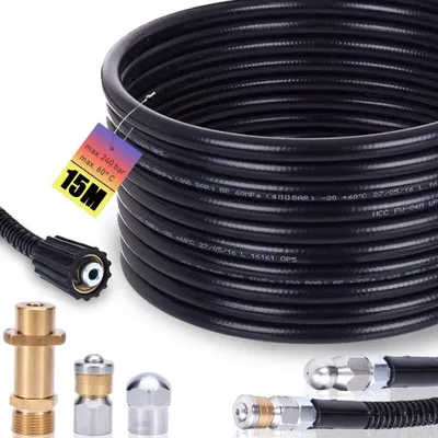 Produktbild von Rohrreinigungsschlauch Set 15m, 240 bar inkl. M22 Adapter, Düsen starr + rotierend für K2, K3, K4, K5, K6, K7 Hochdruckreiniger Hochdruckschlauch