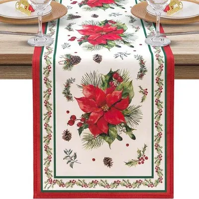 Produktbild von Weihnachtstischläufer rot Blumen Leinen 183x33cm