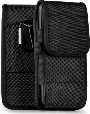 A black fabric phone case with a carabiner clip is shown against a white background.