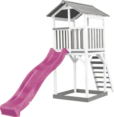Produktbild von AXI Beach Tower Spielturm aus Holz in Weiß & Grau | Spielhaus für Kinder mit lila Rutsche und Sandkasten | Stelzenhaus für den Garten