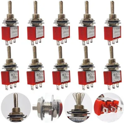 Obrázek produktu pro Miniaturní spínací kontakty 125 V 6 A / 250 V 2 A, SPDT, třípolohový tlačítkový spínač, 3pólový – červený (balení po 10 kusech)