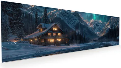 Produktbild von Glasbild 120x40cm in XXL für Wohnzimmer, Schlafzimmer Motiv Berghütte im Winter