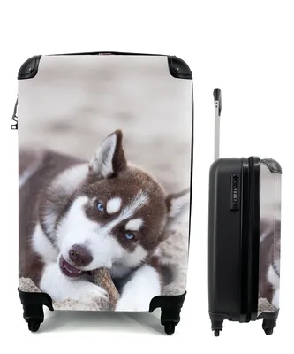 Produktbild von MuchoWow® Koffer Handgepäck Trolley Rollkoffer Kleine Reisekoffer mit 4 Rollen - Husky-Welpe am Strand - Cabin Size < 55x40x23 cm & 55x40x20 cm - Fotokoffer - Kabinenkoffer - Boardgepäck - Reise-Box - Reisekoffer - Reisegepäck - Koffer mit Bild - Trolley für Kinder