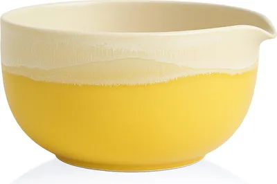 Obrázek produktu pro Miska na matchu "Fuji Yellow" – ručně vyráběná japonská keramická miska, 450 ml, lesklá žlutá se světlými a bílými vlnkami, s výlevkou