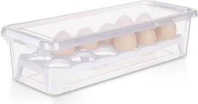 A clear plastic egg container with a lid, holding 12 eggs, is shown against a white background.