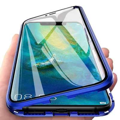 Produktbild von Kompatibel Huawei P30 Pro Hülle,Stark Magnetische Adsorption Metallrahmen Flip Handyhülle 360 Grad Komplett Schutzhülle Gehärtetes Glas Transparente CoverBlau