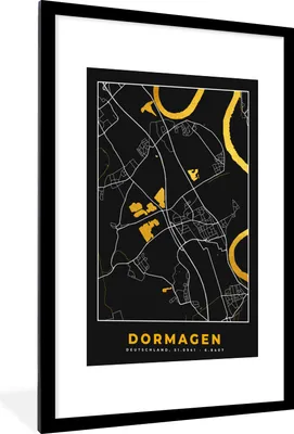 Produktbild von MuchoWow® Gerahmtes Poster Stadtplan - Deutschland - Gold - Dormagen - Karte 60x90 cm - Poster mit Schwarzem Bilderrahmen Wandposter Rahmen Foto Bilder - Dekoration - Wandposter Wohnzimmer - Hochwertig