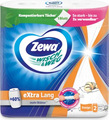 Verpackungsbild Zewa Wisch&Weg eXtra Lang Design hygienisch und nachhaltig 2x72Blatt