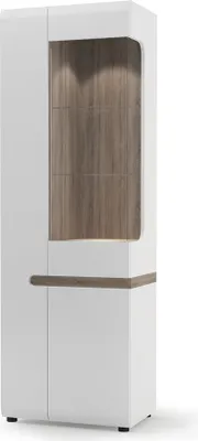 Produktbild von Wohn-/Esszimmer Vitrinenschrank mit Beleuchtung in weiß Hochglanz mit Trüffel Eiche Nb. LEGNICA-129, B/H/T: ca. 64/194,5/42 cm