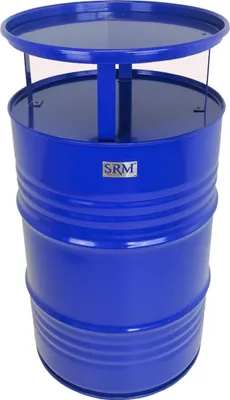 A blue barrel-shaped table with a top shelf.