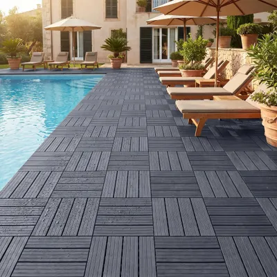 Immagine prodotto di 22 piastrelle in plastica per terrazza, dimensioni 30x30x2 cm, circa 2 m², piastrelle a incastro con struttura a listelli, resistenti agli agenti atmosferici e antiscivolo, colore grigio
