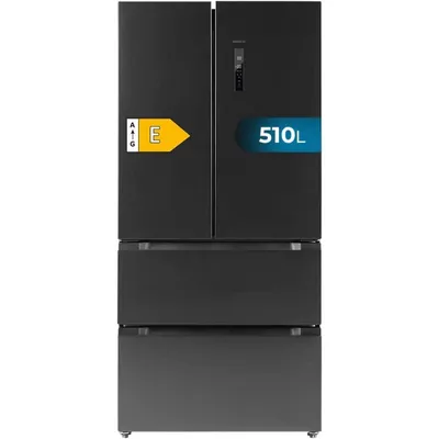 Immagine prodotto di Frigorifero a 4 porte in stile francese, colore scuro, con una capienza di 510 litri, altezza 183 cm, larghezza 84 cm, classe energetica E e compressore Inverter Plus.