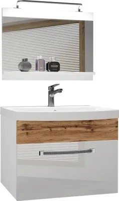 Produktbild von BELINI Badmöbel Vollausstattung Set Waschbeckenschrank, Waschbecken, Spiegel, Lampe (Weiß / Eiche Wotan, Glänzend und Matt)