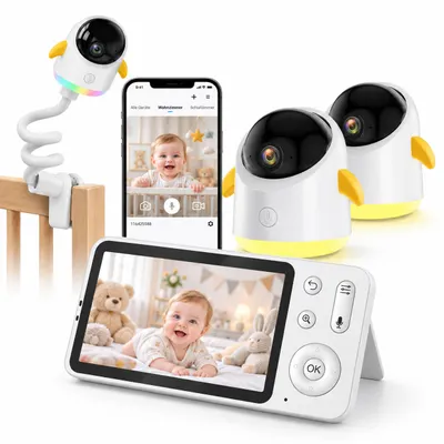 Zdjęcie produktu dla BOIFUN, monitor do obserwacji dziecka 2K 3MP z dwoma kamerami, 5-calowy ekran, monitor Wi-Fi z aplikacją, funkcja podziału ekranu, obracanie o 360°, tryb nocny, wykrywanie ruchu, w zestawie uchwyt do monitora
