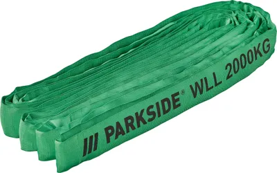 A green lifting sling is coiled and presented against a white background.