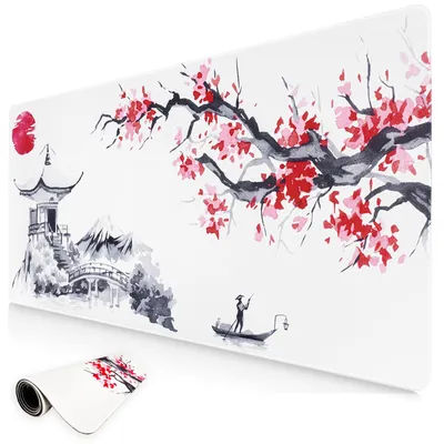 Productafbeelding van Gaming muismat, Japans kersenbloesemmotief, wit, XXL, 800 x 350 mm. Grote muismat/bureauonderlegger. Antislip, waterdichte rubberen muismat met gestikte randen, geschikt voor toetsenbord, computermuis en laptop