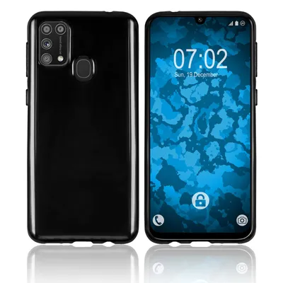 A black phone case is shown from the back and front, with the phone screen displaying the time and date.