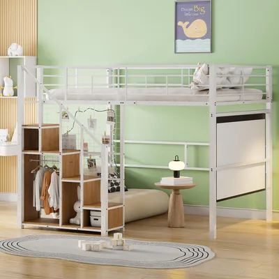 Productafbeelding van Hoogslaper - 140 x 200 cm, wit, metaal en MDF, met valbeveiliging, met opbergruimte, met trap, ruimtebesparend bedframe voor kinderkamers