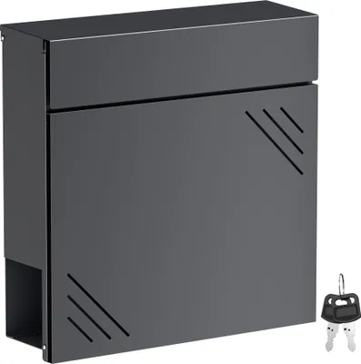 Produktbild von Wiltec Briefkasten Anthrazit V63 aus Stahl 37 x 11 x 37 cm, Wandbriefkasten mit Zeitungsfach und Schlüssel