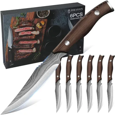 Produktbild von Premium Steakmesser Set Grillbesteck 6tlg Edelstahl Holzgriff Scharfe Fleischmesser Geschenkidee für Männer Frauen