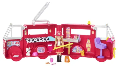 Produktbild von Barbie Chelsea Puppe (blond) mit Feuerwehr Auto, Set inkl. Zubehör