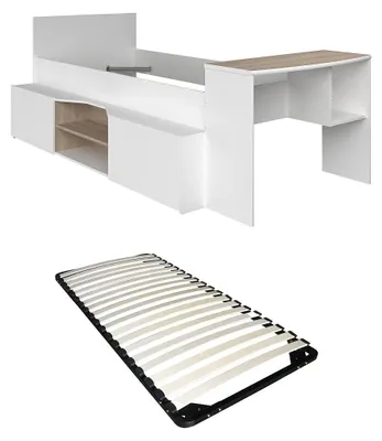 Produktbild von Kombibett 90 x 190/200 cm mit Schreibtisch & Stauraum + Lattenrost - Weiß & Holzfarben - JOCHIANE