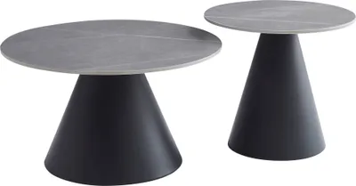 Two modern conical side tables with marble-like grey tops and black bases, displayed against a white background.
