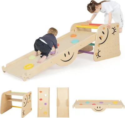 Produktbild von GOPLUS Kletterdreieck Indoor, 6 in 1 Klettergerüst mit Kletterleiter, Tritthocker, umkehrbarer Rampe, Rutsche und Wippe, Indoor-Spielplatz für Kleinkinder ab 3 Jahren