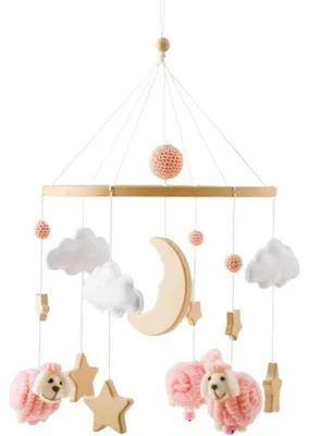 Productafbeelding van Baby mobiel met vilten ballen, ster, maan en lam, roze, 23x45 cm