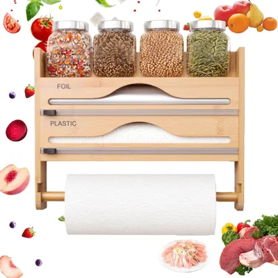 4-in-1 Bambus-Küchenrollenhalter mit Folienabschneider, Wandmontage