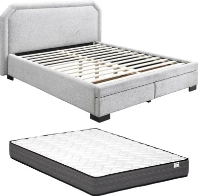 Produktbild von Bett mit Schubladen + Matratze - 180 x 200 cm - Stoff - Hellgrau - INASTO