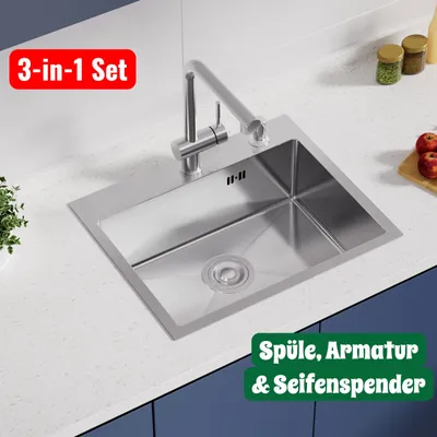 Produktbild von Edelstahlspüle 55x45 cm mit Armatur & Seifenspender, gebürstete Küchenspüle Edelstahl, Spülbecken Set, 304 Material, Einbauspüle, Cecipa MAX Spüle