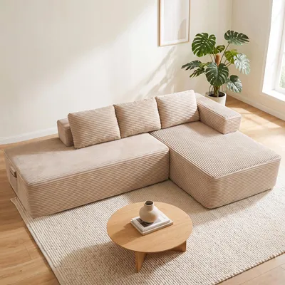 Imagen del producto de Sofá modular de tres plazas COMHOMA con función de cama, 255 cm, tapizado en pana. Sofá chaise longue con estructura metálica en la parte trasera, en forma de L, con mecanismo de cama