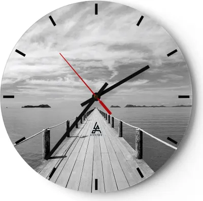 Produktbild von Wanduhr - Rund - Glasuhr - Holz Brücke Meer - 30x30cm - Schleichendes Uhrwerk - Lautlos - zum Aufhängen bereit - Dekoration Modern - Wanddekoration aus Glas - C3AR30x30-4985