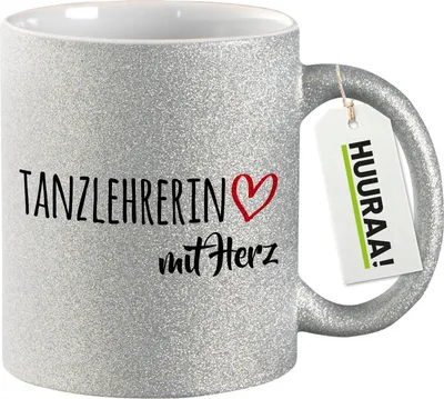 Produktbild von Huuraa Glitzertasse Tanzlehrerin mit Herz 330ml Silber Keramik Kaffeebecher Geschenkidee