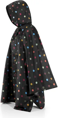 A black polka dot rain poncho on a white background.