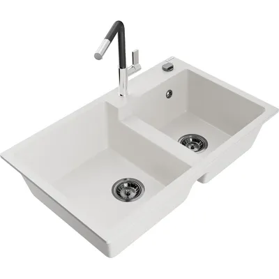 Obrázok produktu pre Mexen Tomas granitový dvojkomorový drez s kuchynskou batériou Flora, Biela - 6516-20-670401-07-B