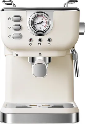 A front view of a cream-colored espresso machine with silver accents.