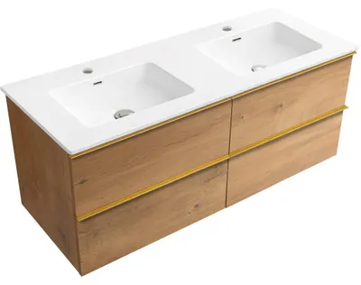 Obrázok produktu pre CERANO – Kúpeľňová skrinka Velora – medový dub, zlatá úchytka + keramické umývadlo Novo – lesklá biela – 121 x 54,5 x 46,5 cm