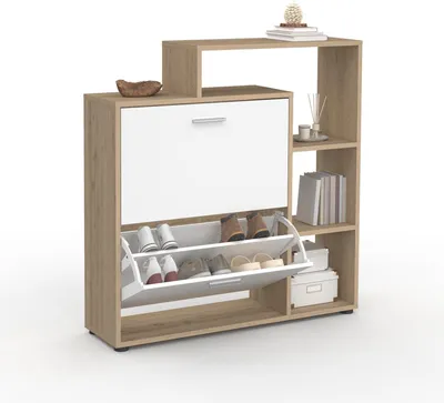 Produktbild von Schuhschrank KLARK für 12 Paar, Buche-Nachbildung, 2 weiße Türen und Regal
