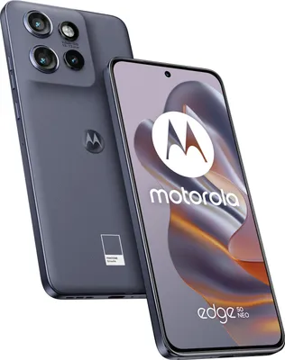 A Motorola Edge 50 neo smartphone is shown from two angles, with the screen displaying the Motorola logo and branding.