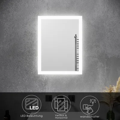A modern bathroom mirror with LED lighting, set against a textured gray wall. Below the mirror are three circular icons illustrating product features.