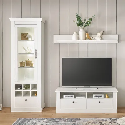 Produktbild von Wohnwand in Pinie weiß mit LED-Beleuchtung, 3-teilig, Landhaus-Stil - RAPLA-61