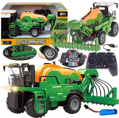 A collage of images showcasing a remote-controlled toy fertilizer and spray vehicle, including close-ups of its features, packaging, and accessories.