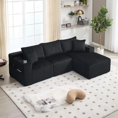 Produktbild von Modulares Sofa Set mit Chaiselongue & 2-Sitzer, weicher Cordbezug, mit 5 Kissen, seitliche Taschen & Getränkehalter, hochdichter Schaumstoff, DIY-Kombination, Ideal für Wohnzimmer, Apartment & Studio.