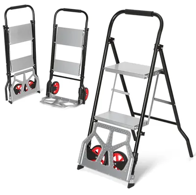 Produktbild von Ikodm Treppensackkarre 2 in 1 mit 2 Stufen, klappbare Sackkarre und Klappleiter, Transportkarre bis 80 kg, Leiter bis 150 kg, platzsparend für Haushalt Lager Garage